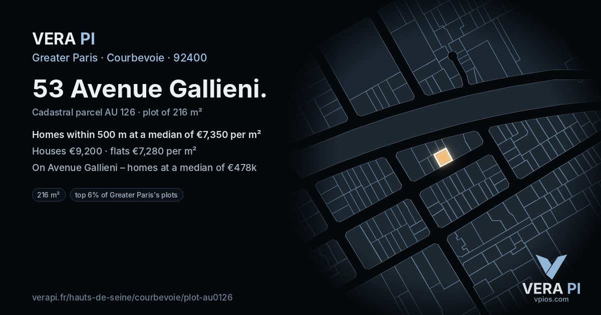 53 Avenue Gallieni, Courbevoie at night – the plot lit, the parcels around coloured by the prices near them