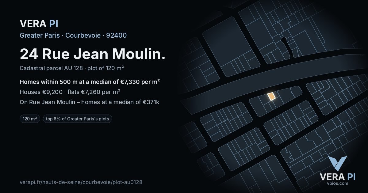 24 Rue Jean Moulin, Courbevoie at night – the plot lit, the parcels around coloured by the prices near them