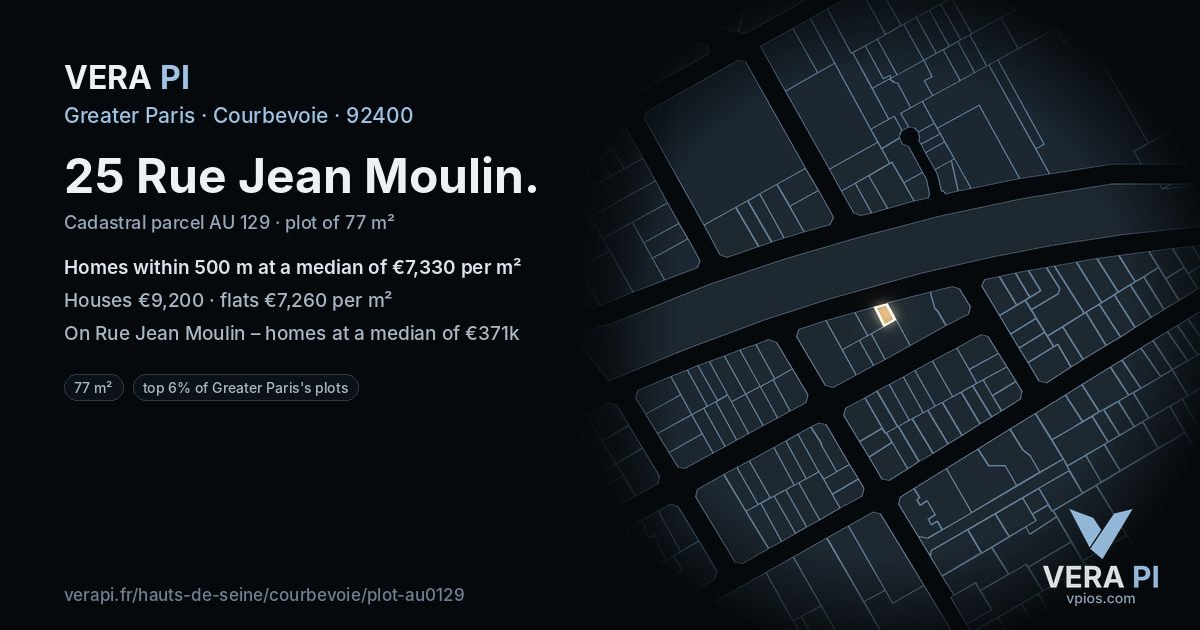 25 Rue Jean Moulin, Courbevoie at night – the plot lit, the parcels around coloured by the prices near them