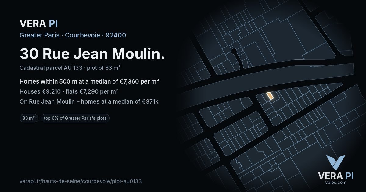 30 Rue Jean Moulin, Courbevoie at night – the plot lit, the parcels around coloured by the prices near them