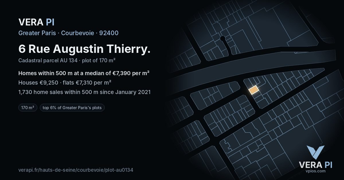 6 Rue Augustin Thierry, Courbevoie at night – the plot lit, the parcels around coloured by the prices near them