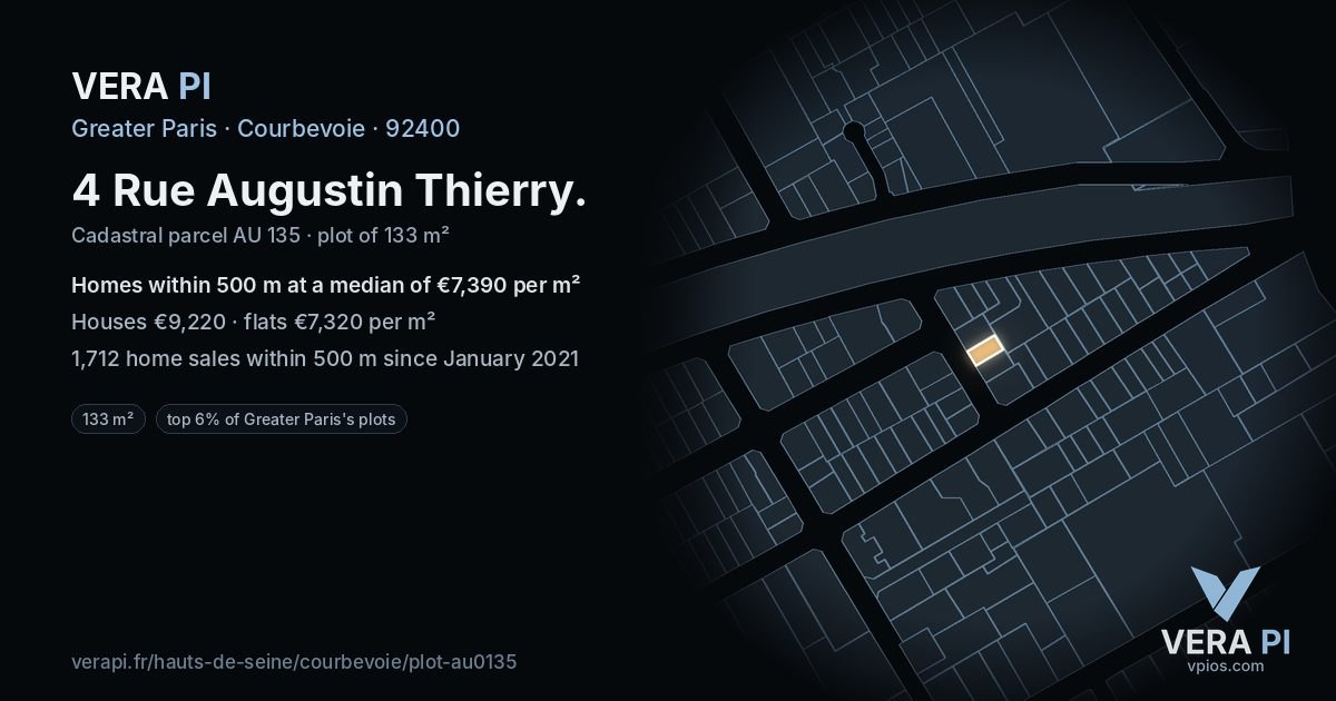 4 Rue Augustin Thierry, Courbevoie at night – the plot lit, the parcels around coloured by the prices near them