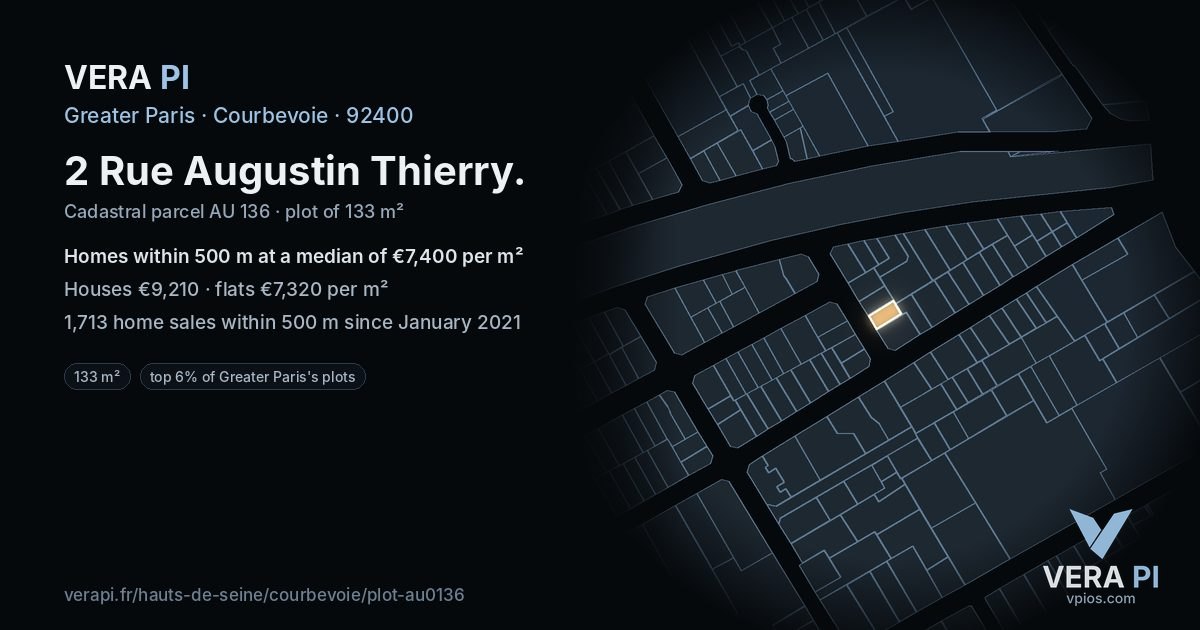 2 Rue Augustin Thierry, Courbevoie at night – the plot lit, the parcels around coloured by the prices near them