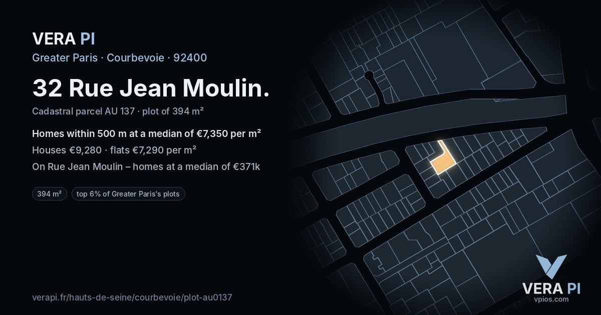 32 Rue Jean Moulin, Courbevoie at night – the plot lit, the parcels around coloured by the prices near them