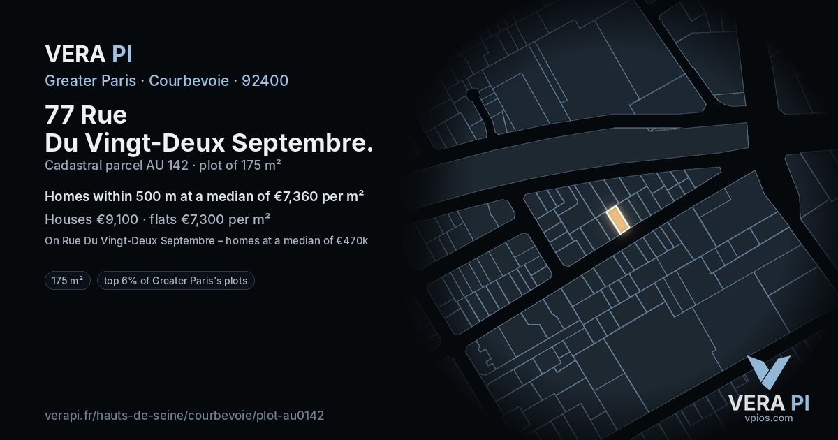 77 Rue Du Vingt-Deux Septembre, Courbevoie at night – the plot lit, the parcels around coloured by the prices near them