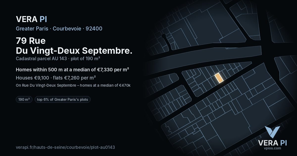79 Rue Du Vingt-Deux Septembre, Courbevoie at night – the plot lit, the parcels around coloured by the prices near them