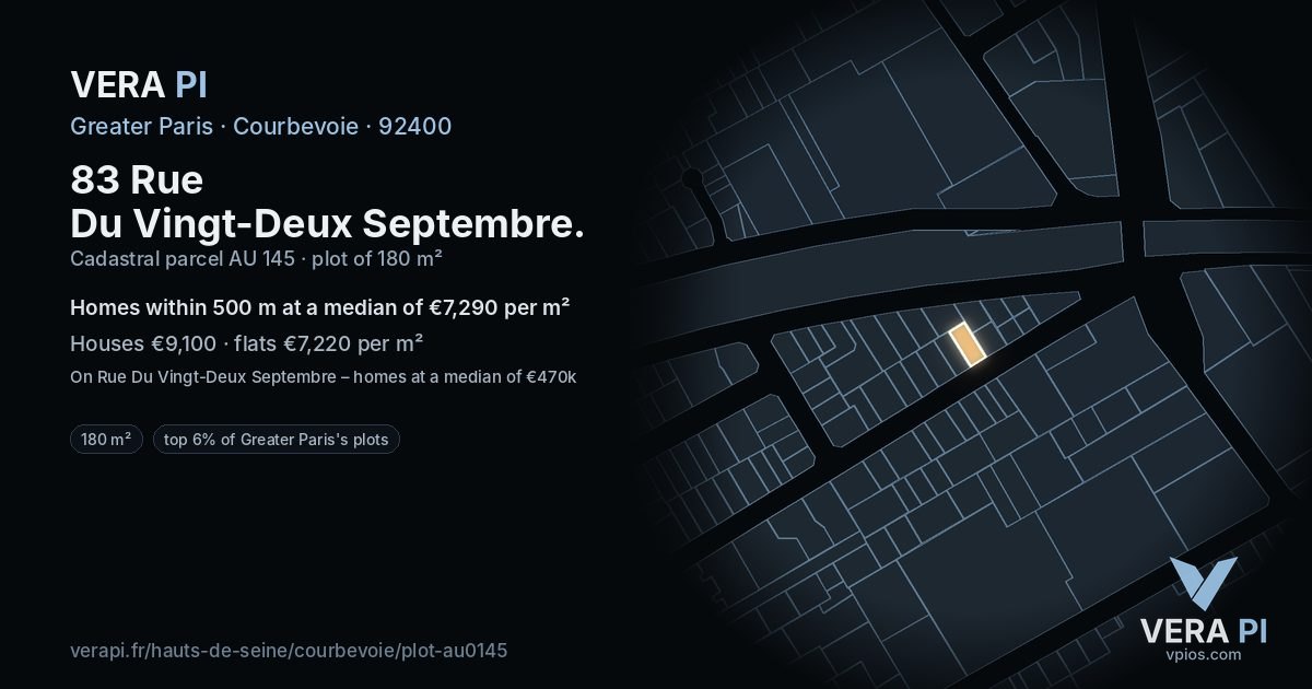 83 Rue Du Vingt-Deux Septembre, Courbevoie at night – the plot lit, the parcels around coloured by the prices near them