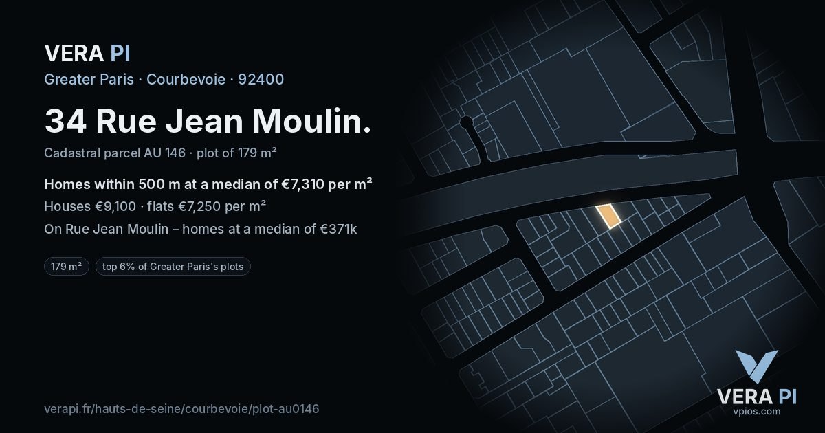 34 Rue Jean Moulin, Courbevoie at night – the plot lit, the parcels around coloured by the prices near them