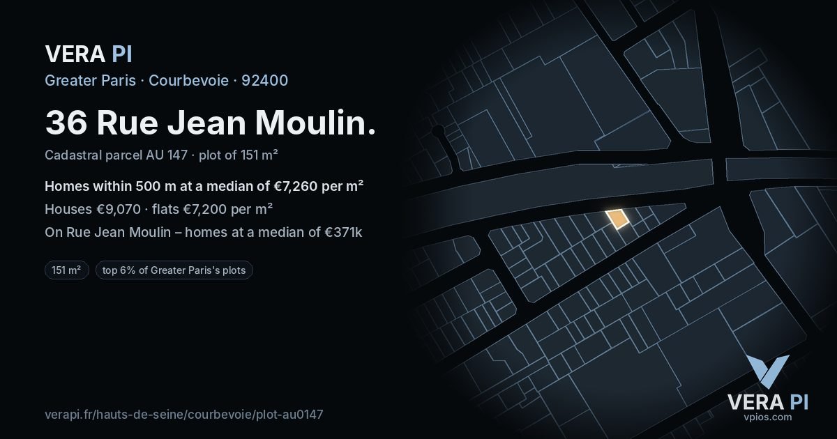 36 Rue Jean Moulin, Courbevoie at night – the plot lit, the parcels around coloured by the prices near them