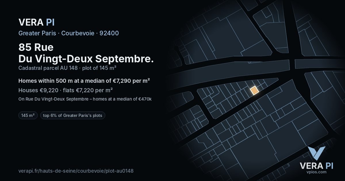 85 Rue Du Vingt-Deux Septembre, Courbevoie at night – the plot lit, the parcels around coloured by the prices near them