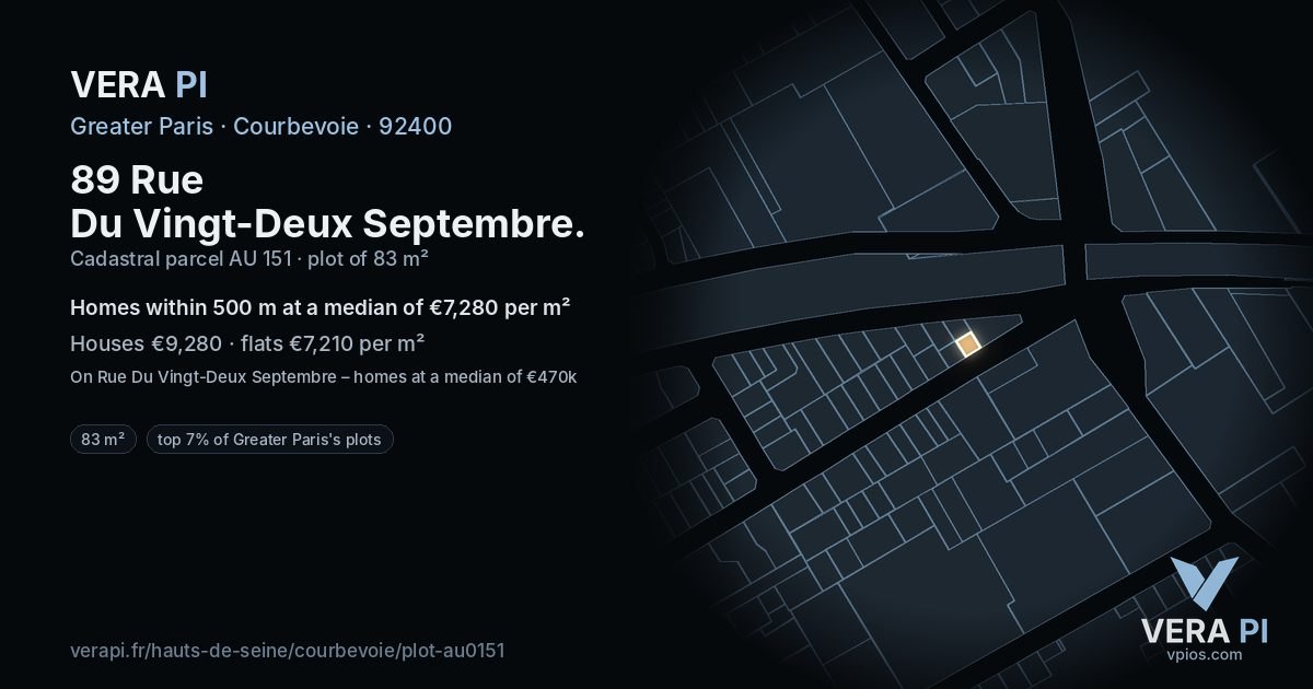89 Rue Du Vingt-Deux Septembre, Courbevoie at night – the plot lit, the parcels around coloured by the prices near them