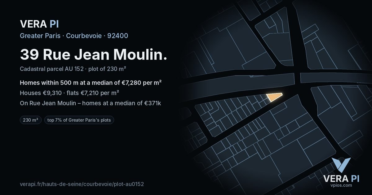 39 Rue Jean Moulin, Courbevoie at night – the plot lit, the parcels around coloured by the prices near them