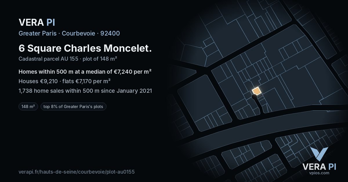 6 Square Charles Moncelet, Courbevoie at night – the plot lit, the parcels around coloured by the prices near them