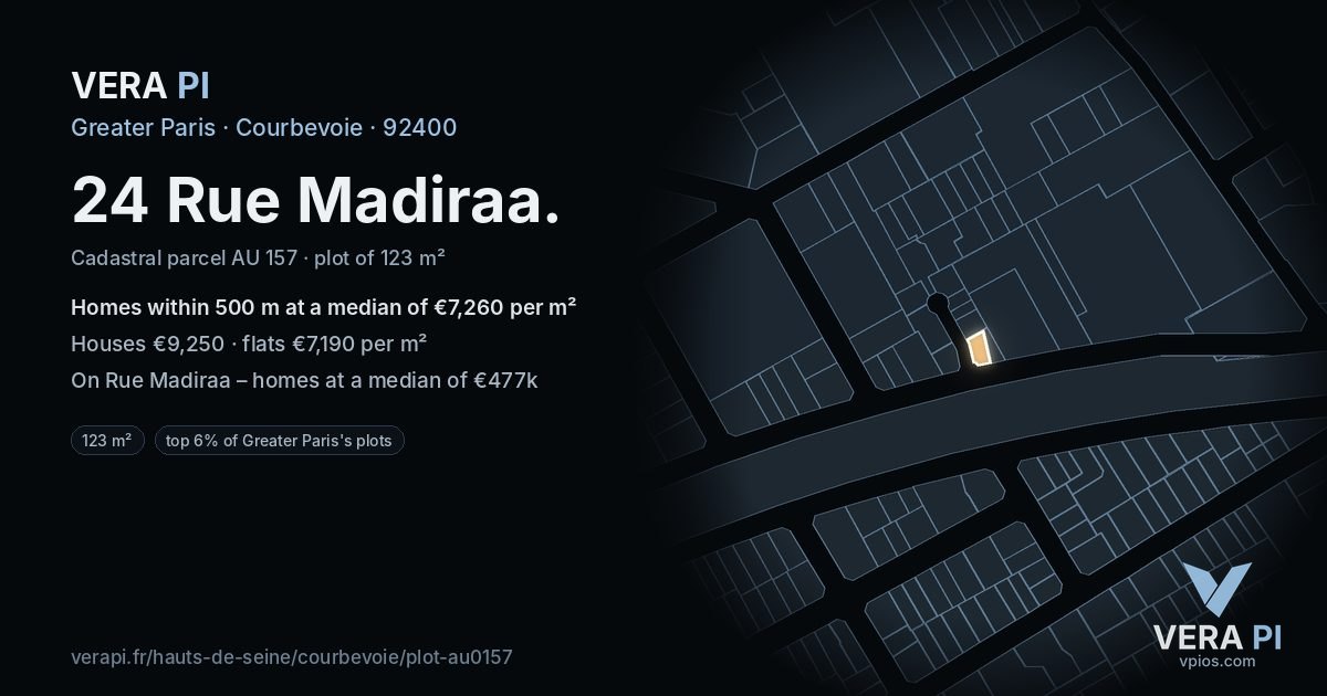24 Rue Madiraa, Courbevoie at night – the plot lit, the parcels around coloured by the prices near them