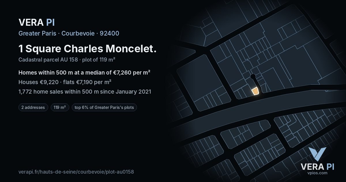 1 Square Charles Moncelet, Courbevoie at night – the plot lit, the parcels around coloured by the prices near them