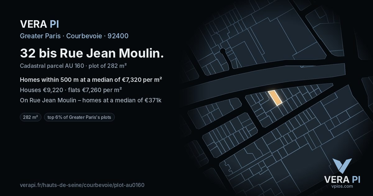 32 bis Rue Jean Moulin, Courbevoie at night – the plot lit, the parcels around coloured by the prices near them