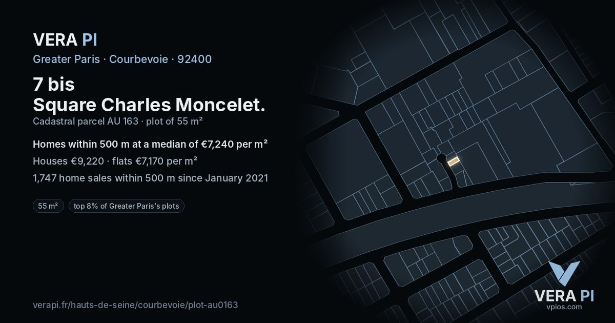 7 bis Square Charles Moncelet, Courbevoie at night – the plot lit, the parcels around coloured by the prices near them