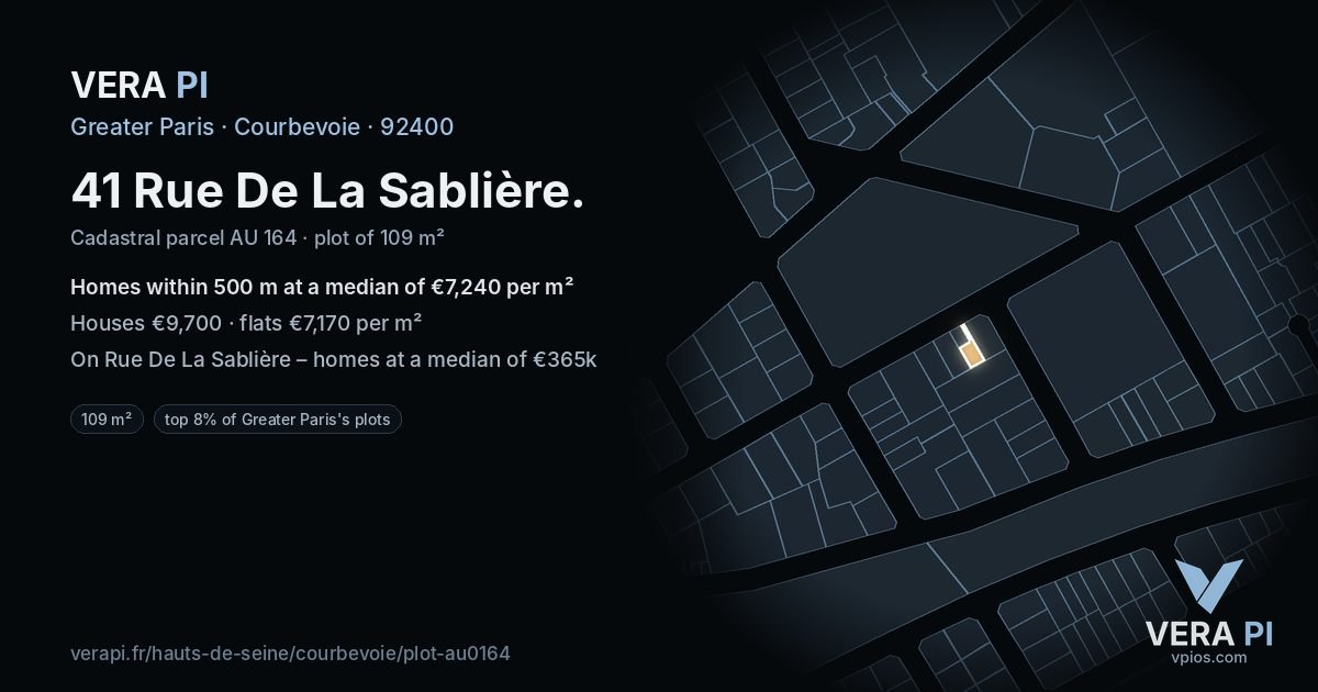 41 Rue De La Sablière, Courbevoie at night – the plot lit, the parcels around coloured by the prices near them
