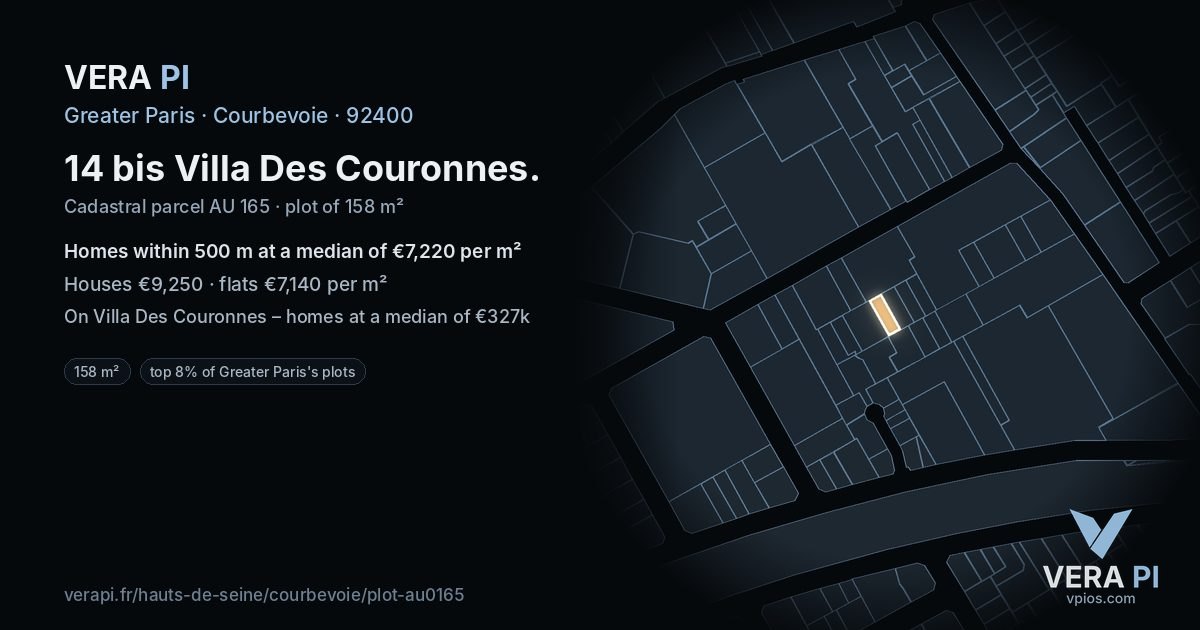 14 bis Villa Des Couronnes, Courbevoie at night – the plot lit, the parcels around coloured by the prices near them