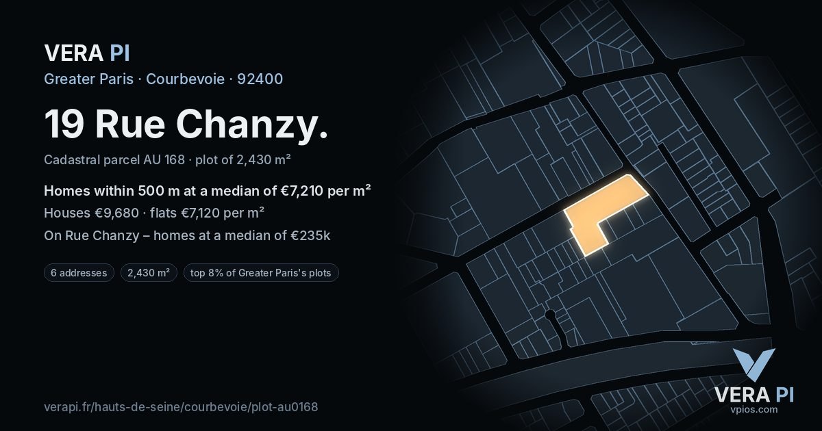 19 Rue Chanzy, Courbevoie at night – the plot lit, the parcels around coloured by the prices near them