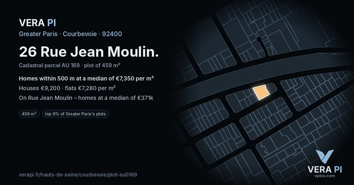 26 Rue Jean Moulin, Courbevoie at night – the plot lit, the parcels around coloured by the prices near them