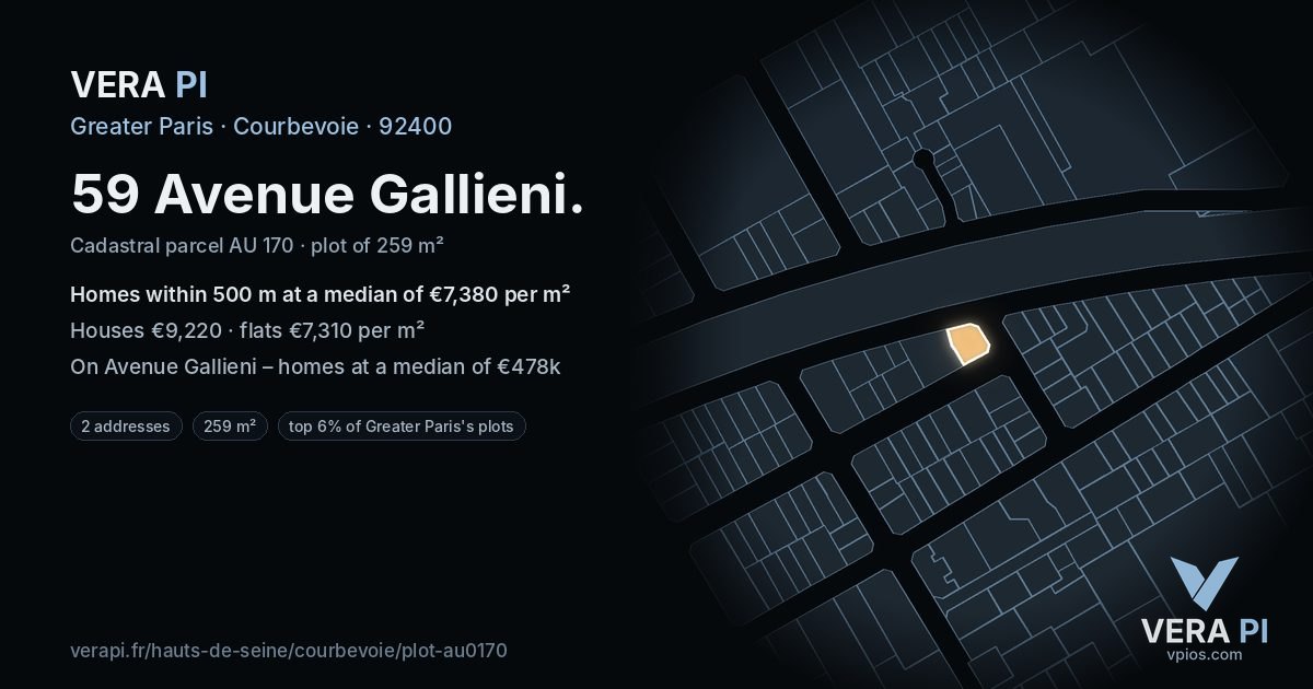 59 Avenue Gallieni, Courbevoie at night – the plot lit, the parcels around coloured by the prices near them