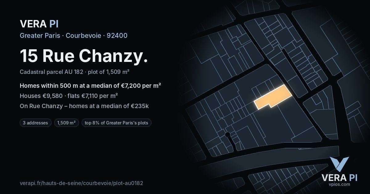 15 Rue Chanzy, Courbevoie at night – the plot lit, the parcels around coloured by the prices near them