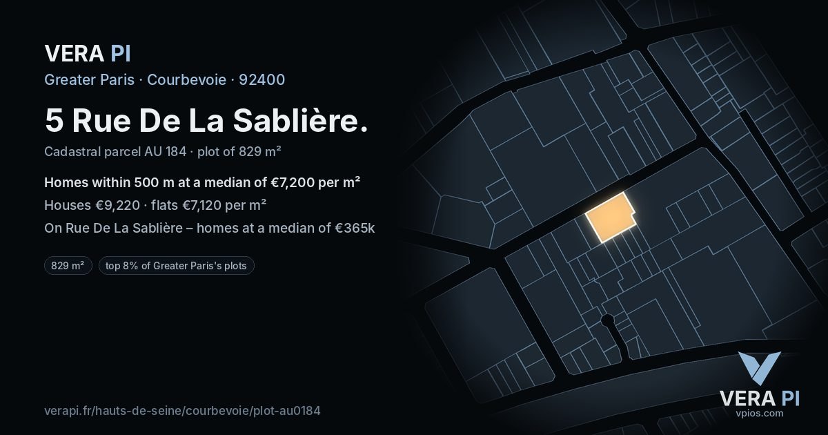 5 Rue De La Sablière, Courbevoie at night – the plot lit, the parcels around coloured by the prices near them