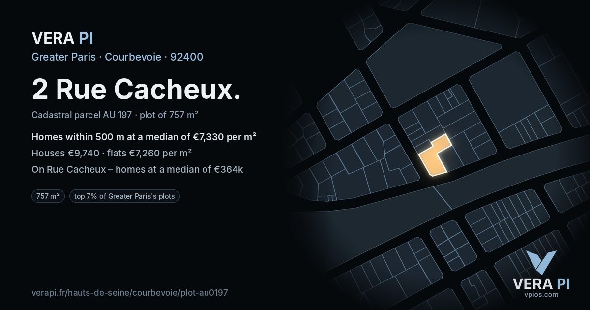 2 Rue Cacheux, Courbevoie at night – the plot lit, the parcels around coloured by the prices near them