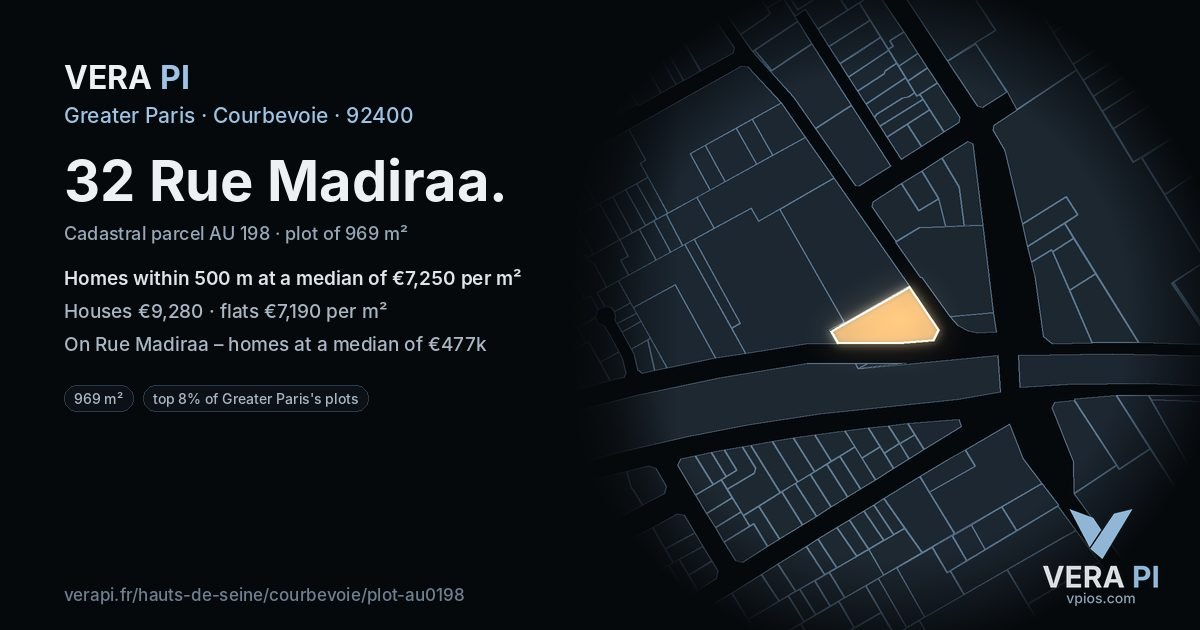 32 Rue Madiraa, Courbevoie at night – the plot lit, the parcels around coloured by the prices near them
