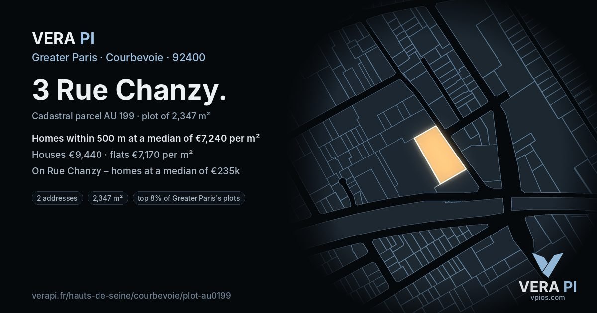 3 Rue Chanzy, Courbevoie at night – the plot lit, the parcels around coloured by the prices near them