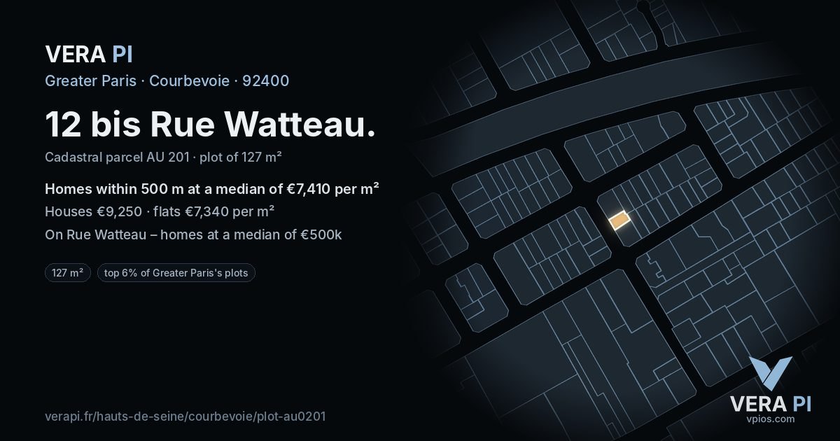 12 bis Rue Watteau, Courbevoie at night – the plot lit, the parcels around coloured by the prices near them