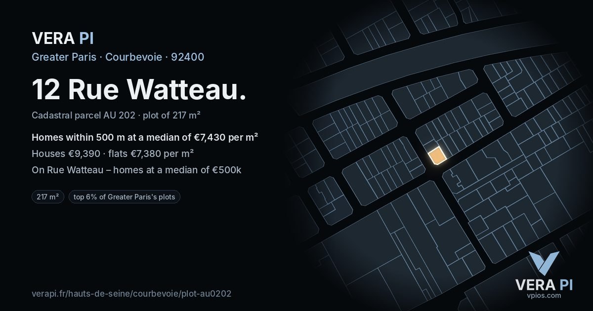 12 Rue Watteau, Courbevoie at night – the plot lit, the parcels around coloured by the prices near them