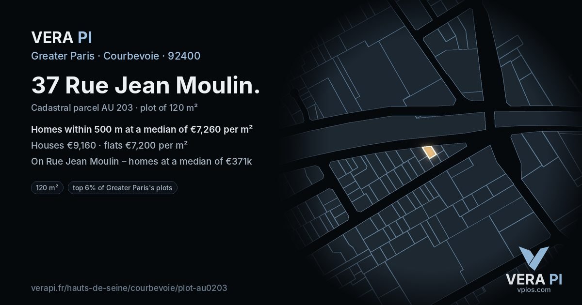 37 Rue Jean Moulin, Courbevoie at night – the plot lit, the parcels around coloured by the prices near them