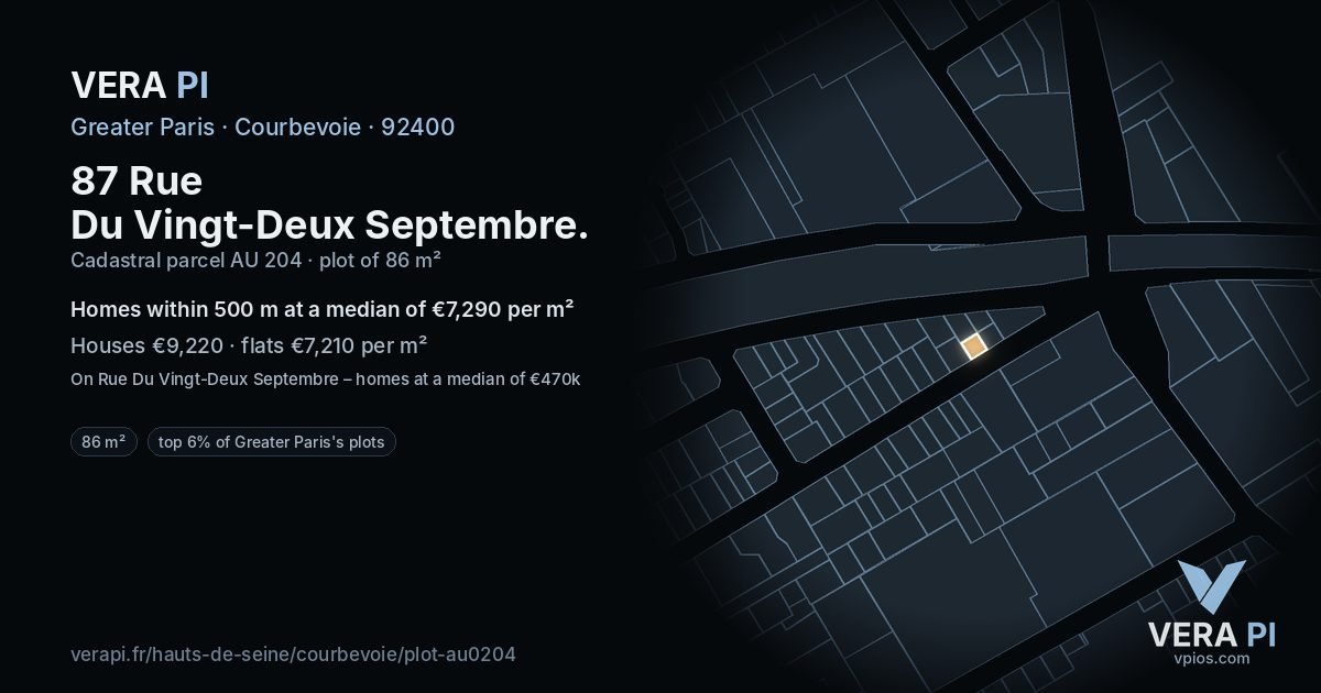 87 Rue Du Vingt-Deux Septembre, Courbevoie at night – the plot lit, the parcels around coloured by the prices near them