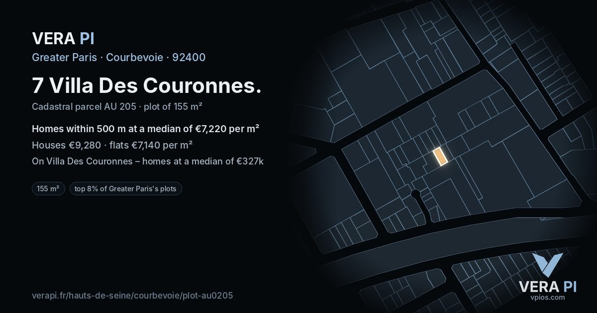 7 Villa Des Couronnes, Courbevoie at night – the plot lit, the parcels around coloured by the prices near them