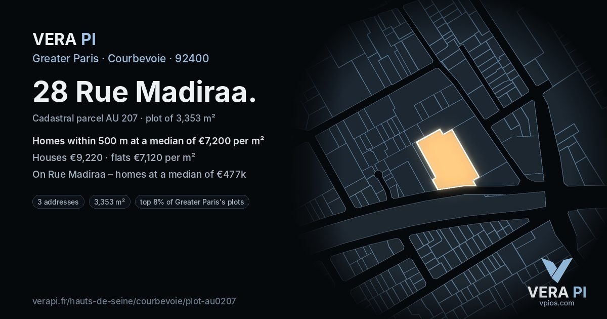28 Rue Madiraa, Courbevoie at night – the plot lit, the parcels around coloured by the prices near them