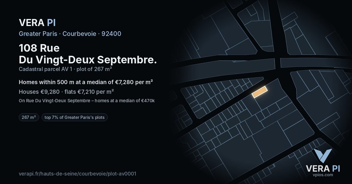 108 Rue Du Vingt-Deux Septembre, Courbevoie at night – the plot lit, the parcels around coloured by the prices near them