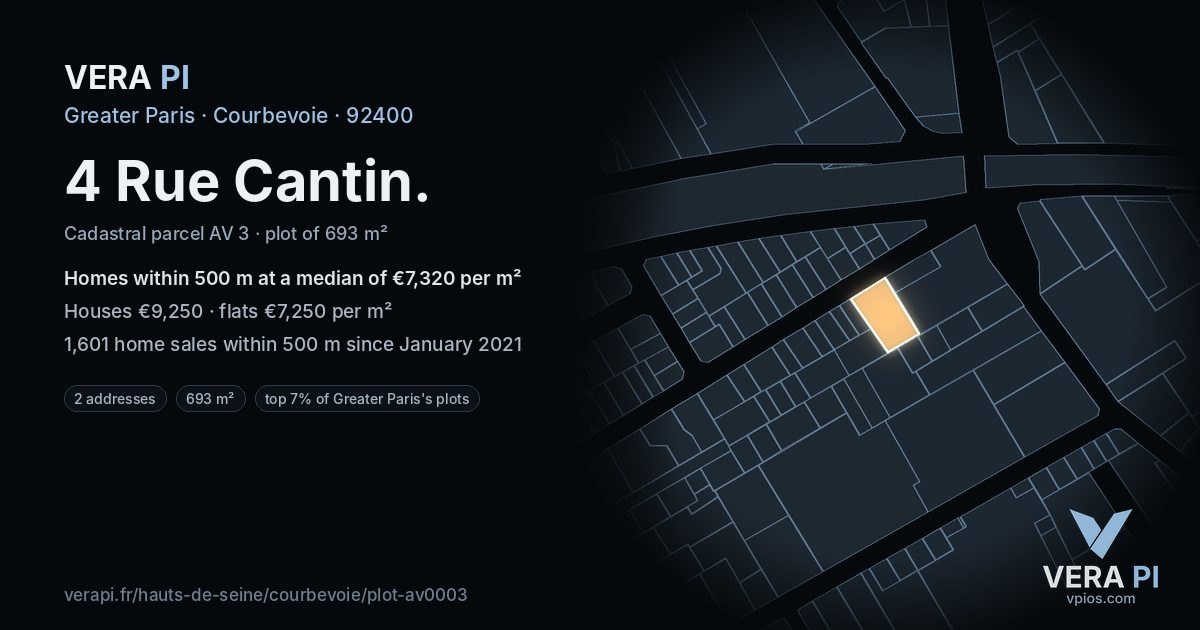 4 Rue Cantin, Courbevoie at night – the plot lit, the parcels around coloured by the prices near them