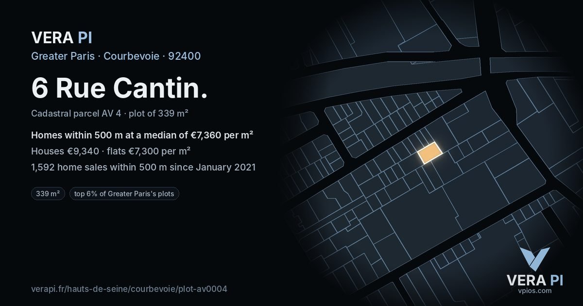 6 Rue Cantin, Courbevoie at night – the plot lit, the parcels around coloured by the prices near them