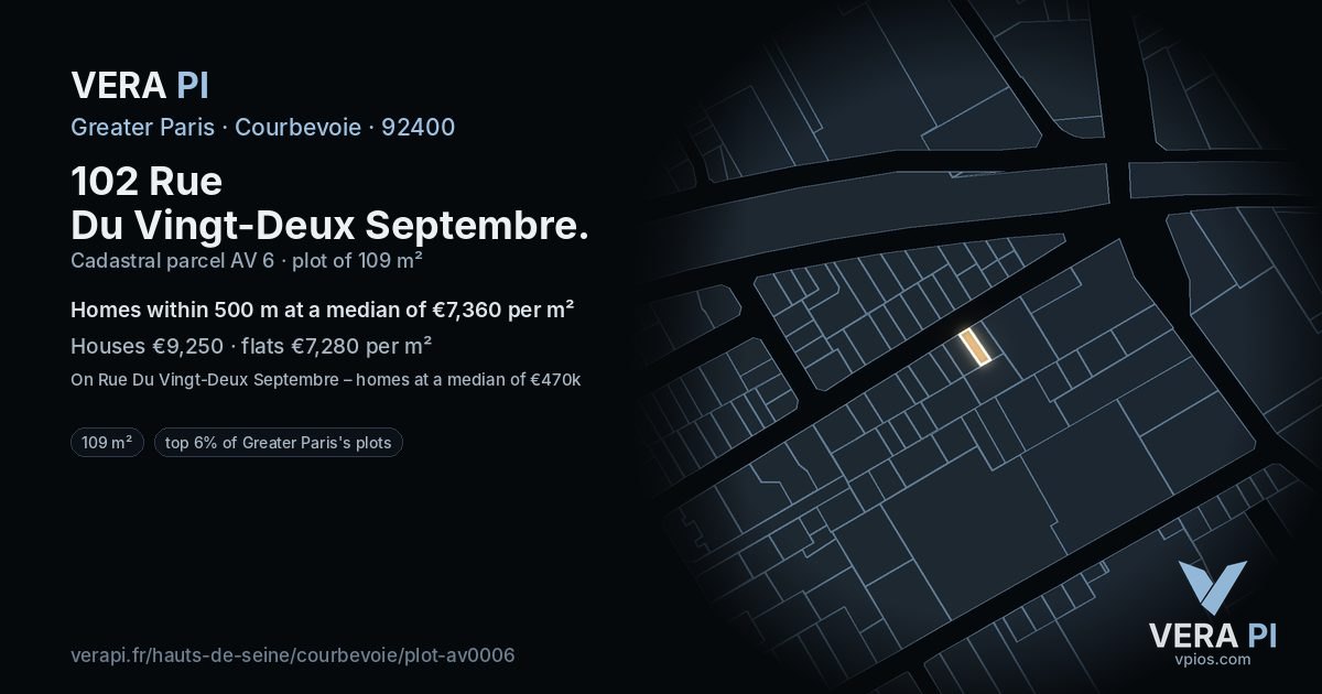 102 Rue Du Vingt-Deux Septembre, Courbevoie at night – the plot lit, the parcels around coloured by the prices near them