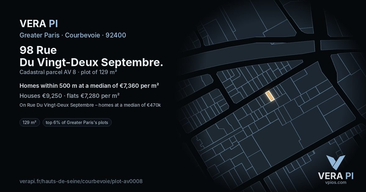 98 Rue Du Vingt-Deux Septembre, Courbevoie at night – the plot lit, the parcels around coloured by the prices near them