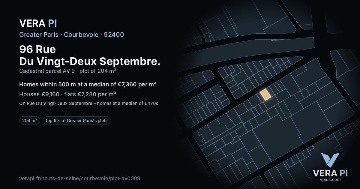 96 Rue Du Vingt-Deux Septembre, Courbevoie at night – the plot lit, the parcels around coloured by the prices near them