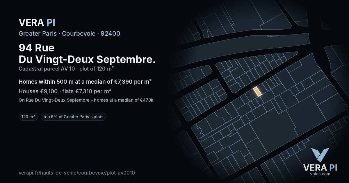 94 Rue Du Vingt-Deux Septembre, Courbevoie at night – the plot lit, the parcels around coloured by the prices near them