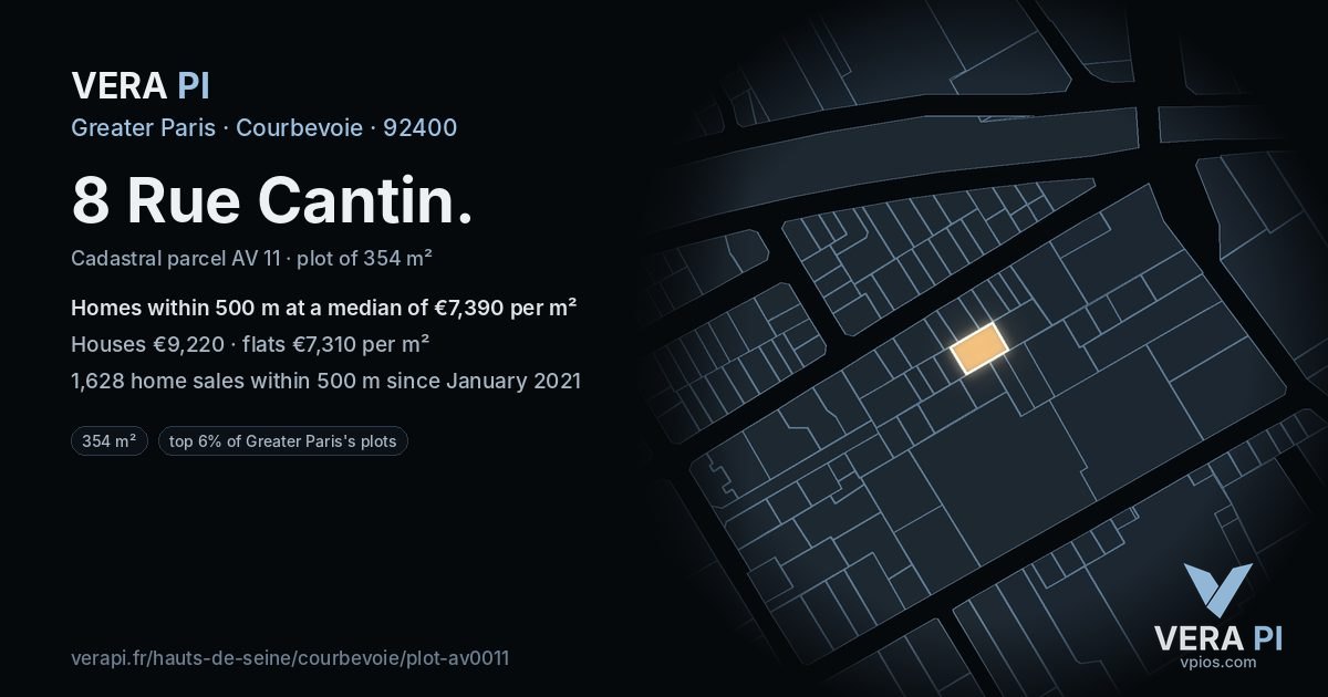 8 Rue Cantin, Courbevoie at night – the plot lit, the parcels around coloured by the prices near them