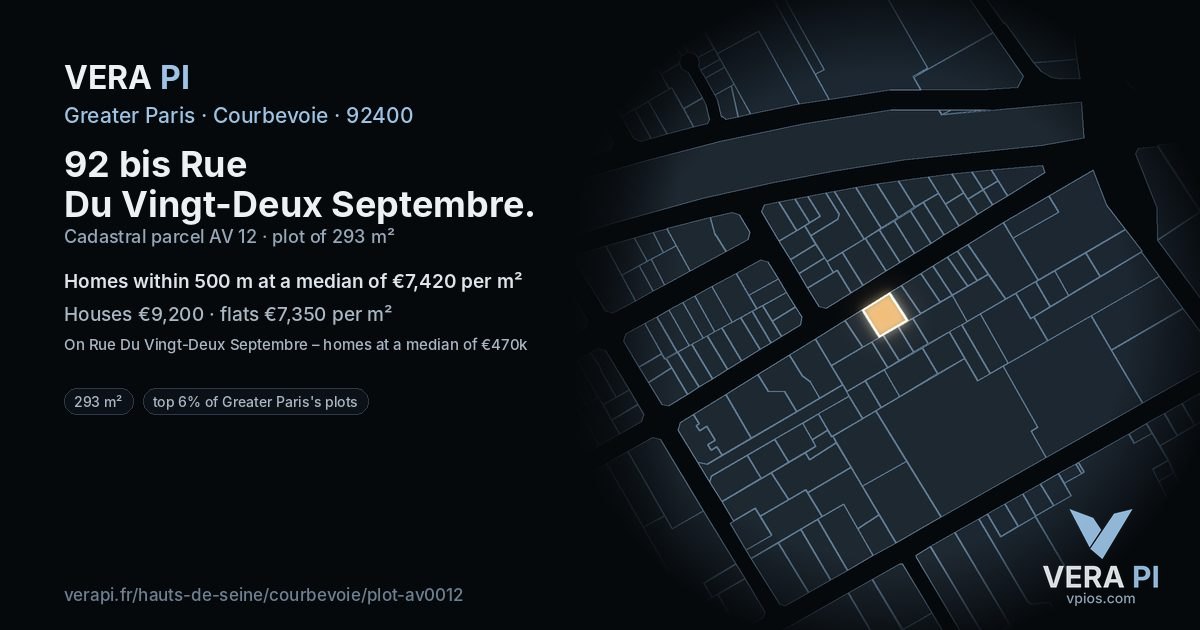92 bis Rue Du Vingt-Deux Septembre, Courbevoie at night – the plot lit, the parcels around coloured by the prices near them