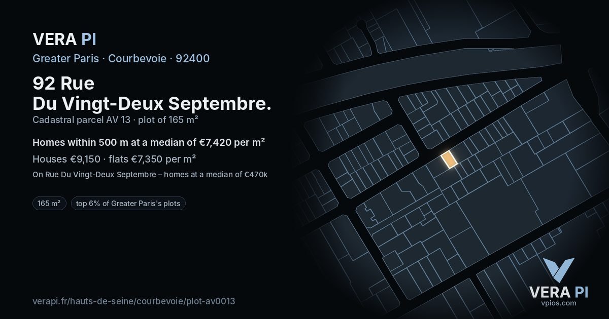 92 Rue Du Vingt-Deux Septembre, Courbevoie at night – the plot lit, the parcels around coloured by the prices near them