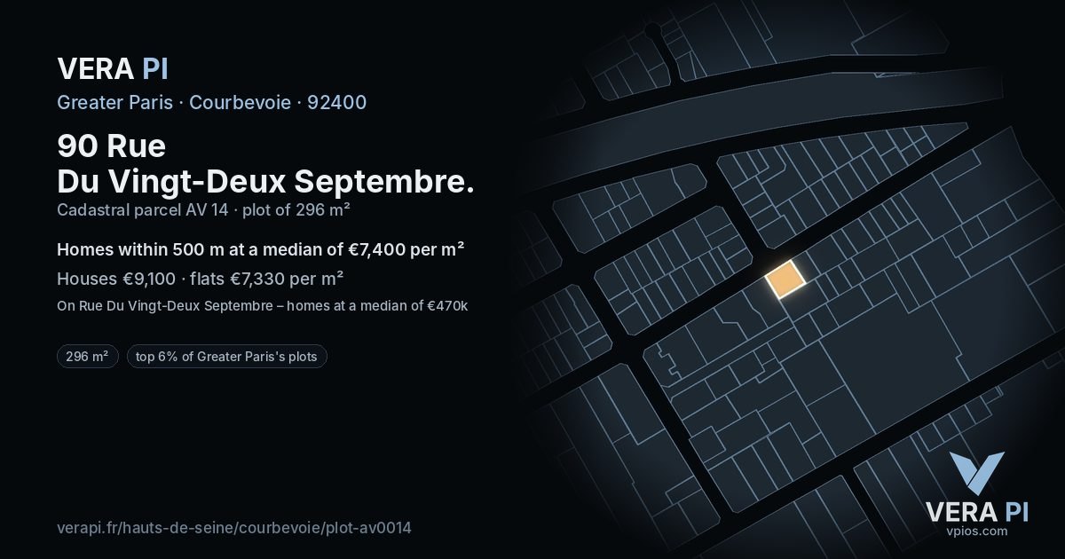 90 Rue Du Vingt-Deux Septembre, Courbevoie at night – the plot lit, the parcels around coloured by the prices near them