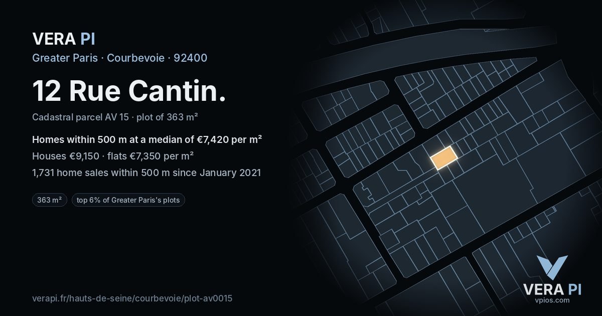 12 Rue Cantin, Courbevoie at night – the plot lit, the parcels around coloured by the prices near them