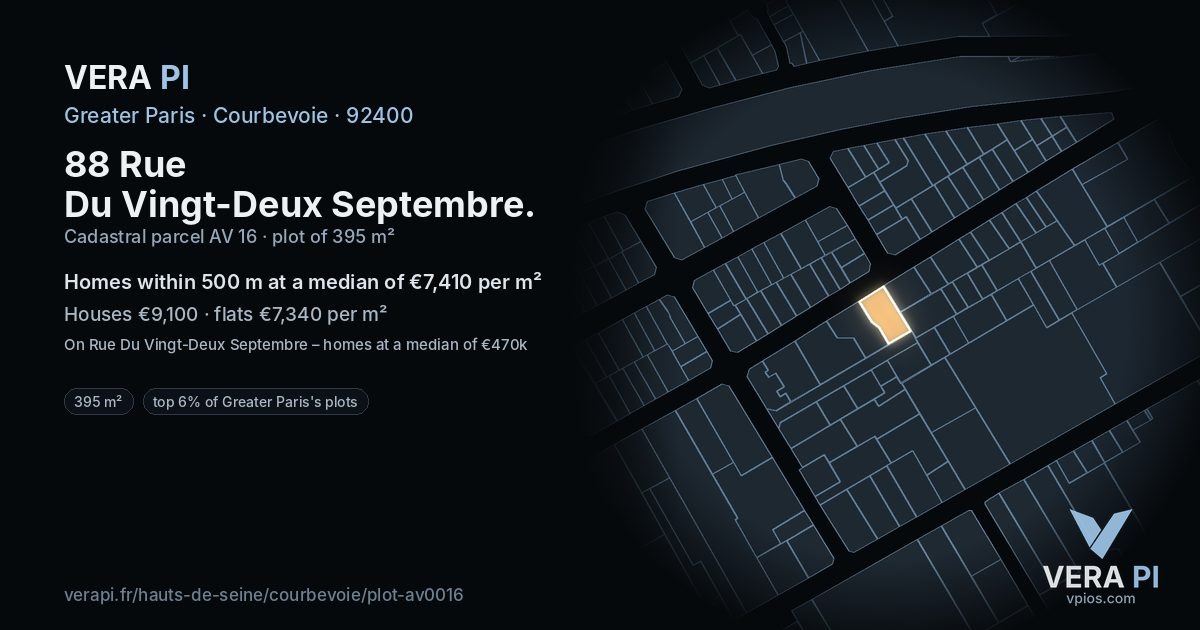 88 Rue Du Vingt-Deux Septembre, Courbevoie at night – the plot lit, the parcels around coloured by the prices near them